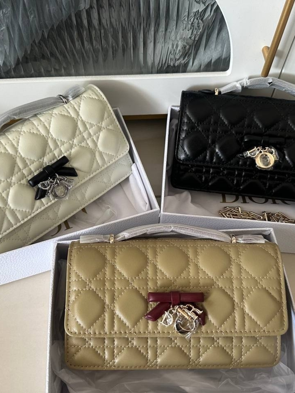 Dior Quilted Leather Shoulder Bag in Black, Cream and Olive with Bow Accents
